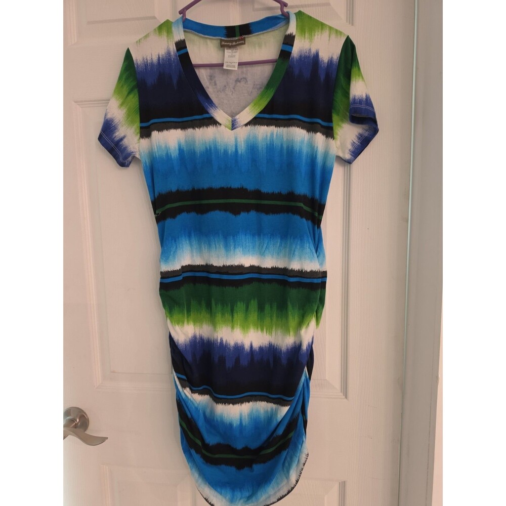 Tommy Bahama Ruched Striped Blue Green Tie Dye V-Neck Tee Shirt Dress NWOT Small